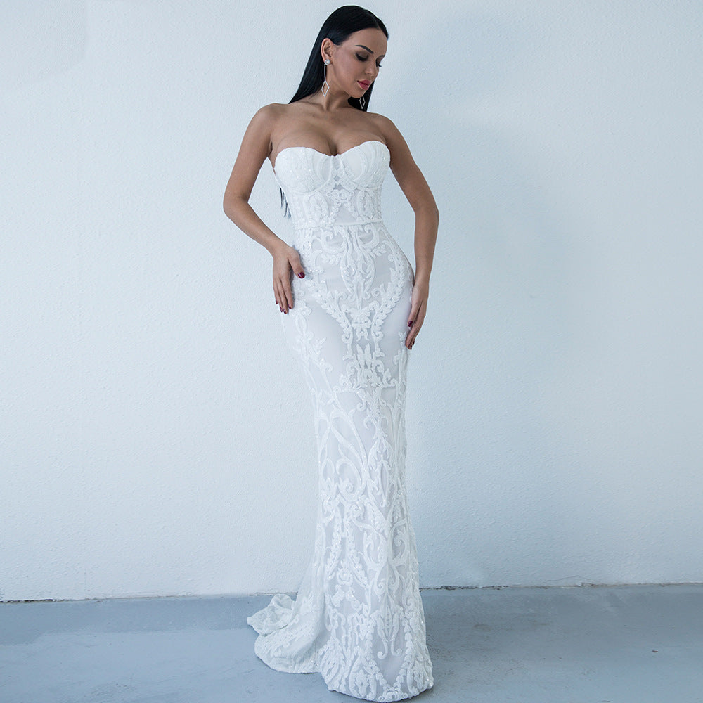 Bandeau One-Shoulder Vintage Sequined Mopping Evening Dress Elegant Evening Fishtail Dress Formal Gown