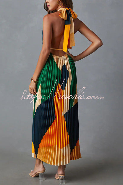 Eden Abstract Geometric Print Pleated Halter Backless Midi Dress