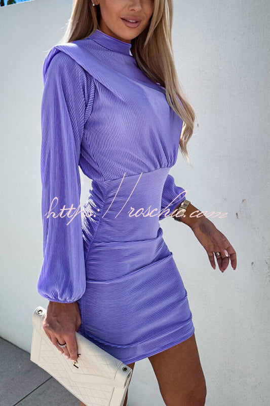 Tolly Padded Shoulder Balloon Sleeve Ruched Ribbed Mini Dress