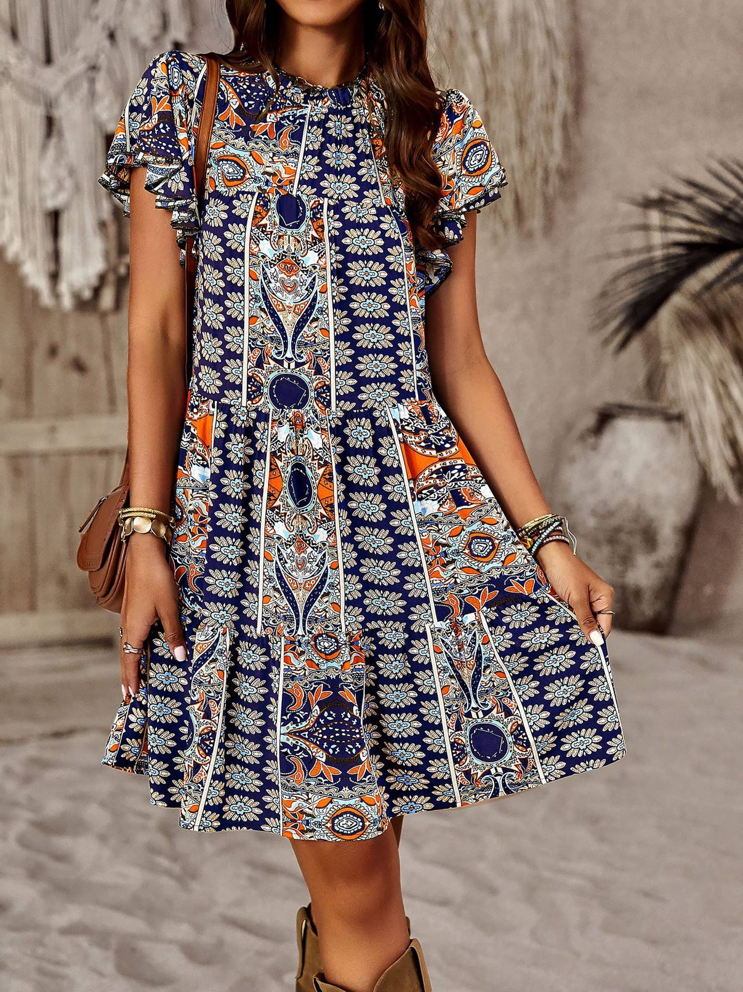 Ruffle Sleeve Round Neck Loose Pleated Mini Dress