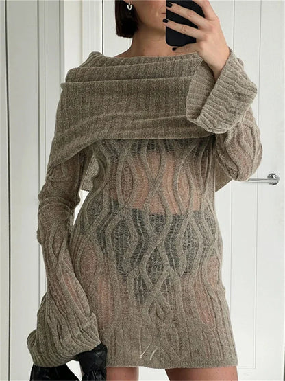 Tossy Knitwear Sweater Mini Dress See-Through For Women High Waist Long Sleeve Fashion Loose Knit Dress Slim Elegant Dress 2024