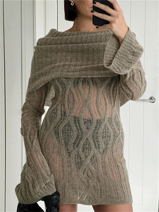 Tossy Knitwear Sweater Mini Dress See-Through For Women High Waist Long Sleeve Fashion Loose Knit Dress Slim Elegant Dress 2024