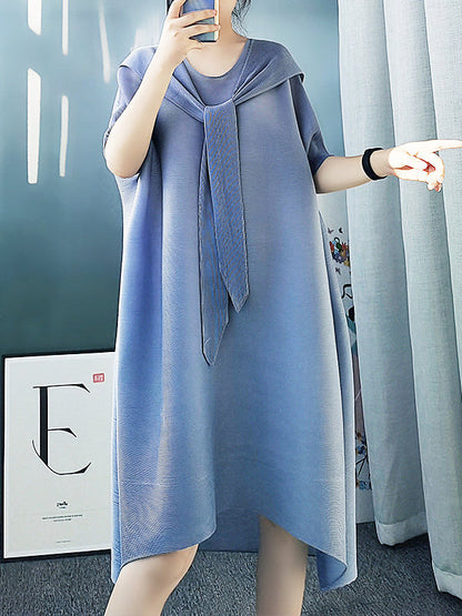 Batwing Sleeves Loose Lace-Up Pleated Hooded Midi Dresses
