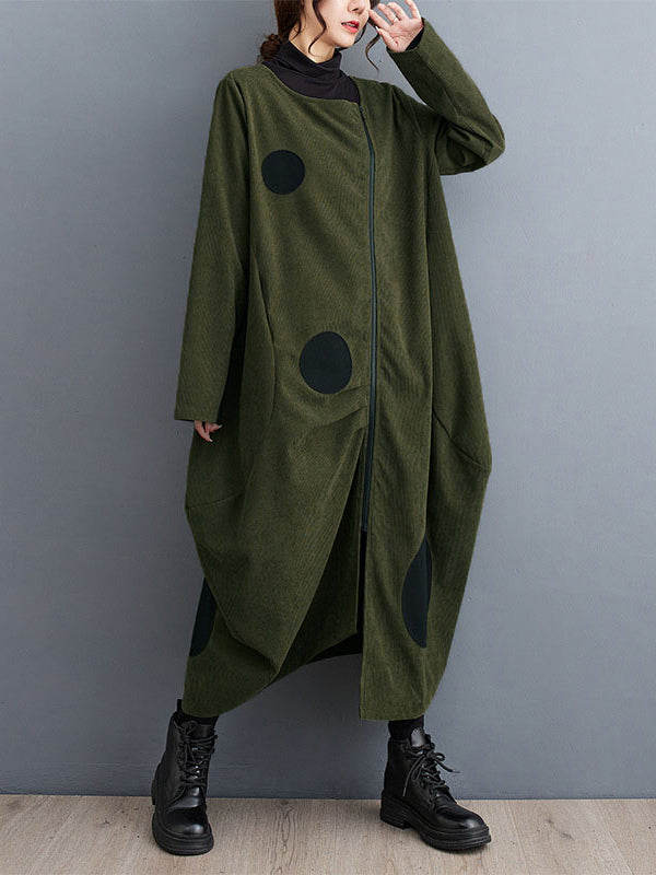 Long Sleeves Loose Asymmetric Pleated Polka-Dot Split-Joint Zipper High-neck Midi Dresses Outerwear