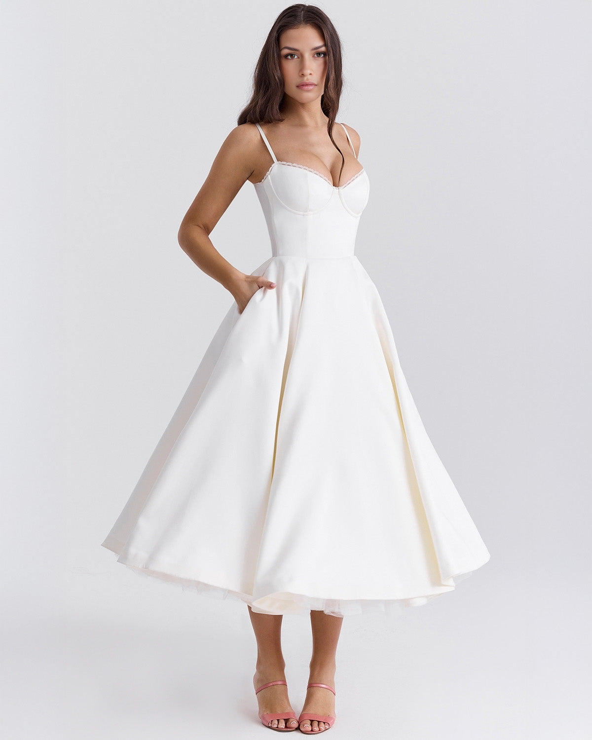 Bustier Spaghetti Strap Lace Trim Pleated Fit and Flare Midi Dress
