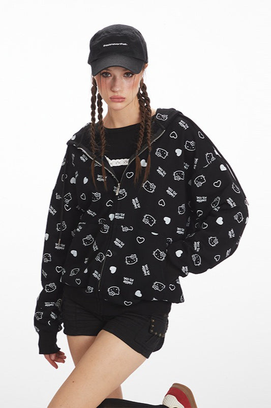 Loose Cat Print Zip Hoodie