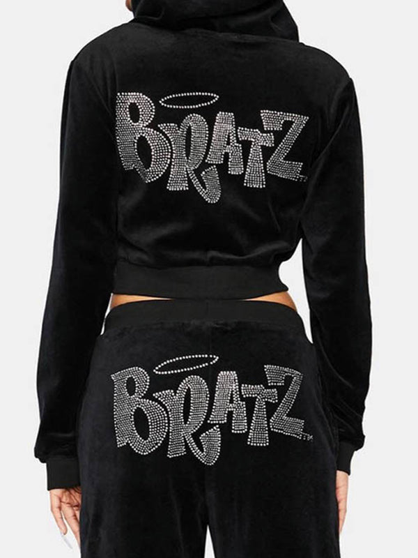 Letter Rhinestone Print Short Hoodie