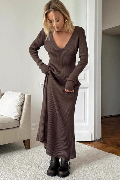 Rib Knit Deep V-Neck Long Sleeve Belted Maxi Dress