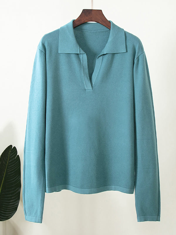 Solid Lapel Neck Knit Sweater