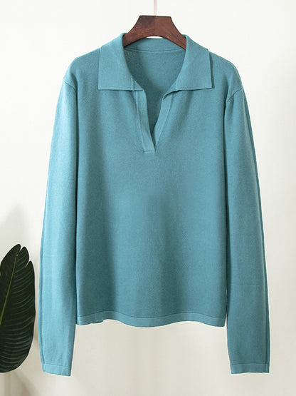 Solid Lapel Neck Knit Sweater