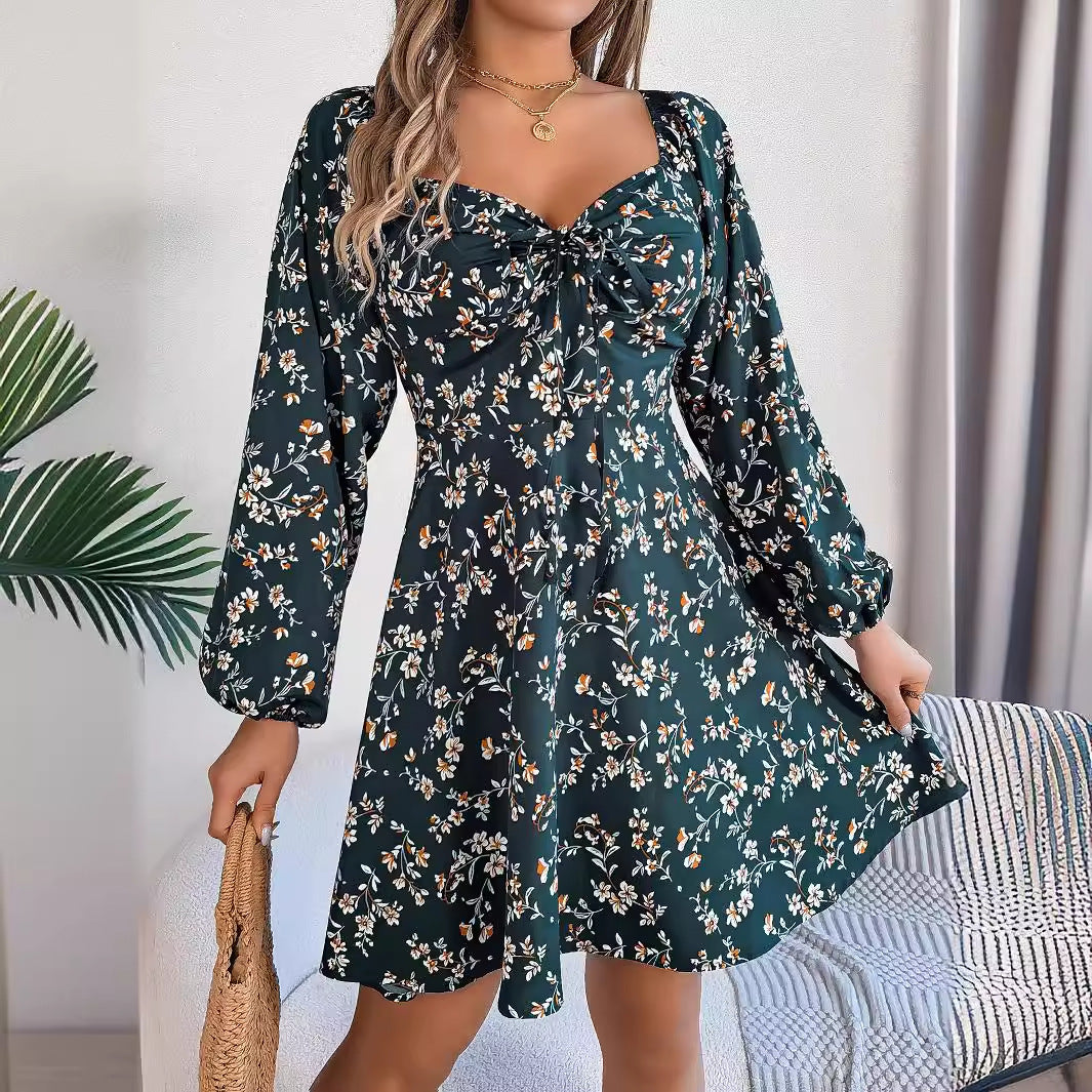 Ditsy Floral Print Sweetheart Tie-Front Balloon Sleeve A-Line Mini Dress