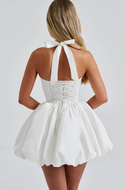 Halter Bow Back Corset Basque Waist Bubble Hem Mini Dress