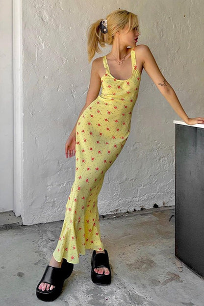 Scoop Neck Tank Strap Ditsy Floral Satin Slip Maxi Dress