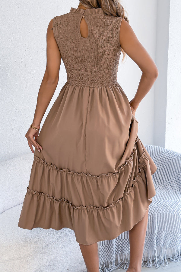 Solid Color Sleeveless Tucked Patchwork Casual Midi Dress