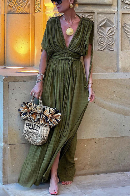 Rich style linen blend pleated plait kimono concealer slit skirt