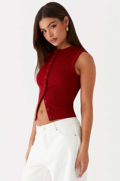 Round Neck Button Detail Ribbed Slim Tank Top