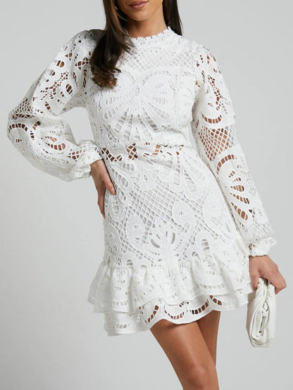 Floral Guipure Lace Mock Neck Bell Sleeve Tiered Ruffle Hem Mini Dress