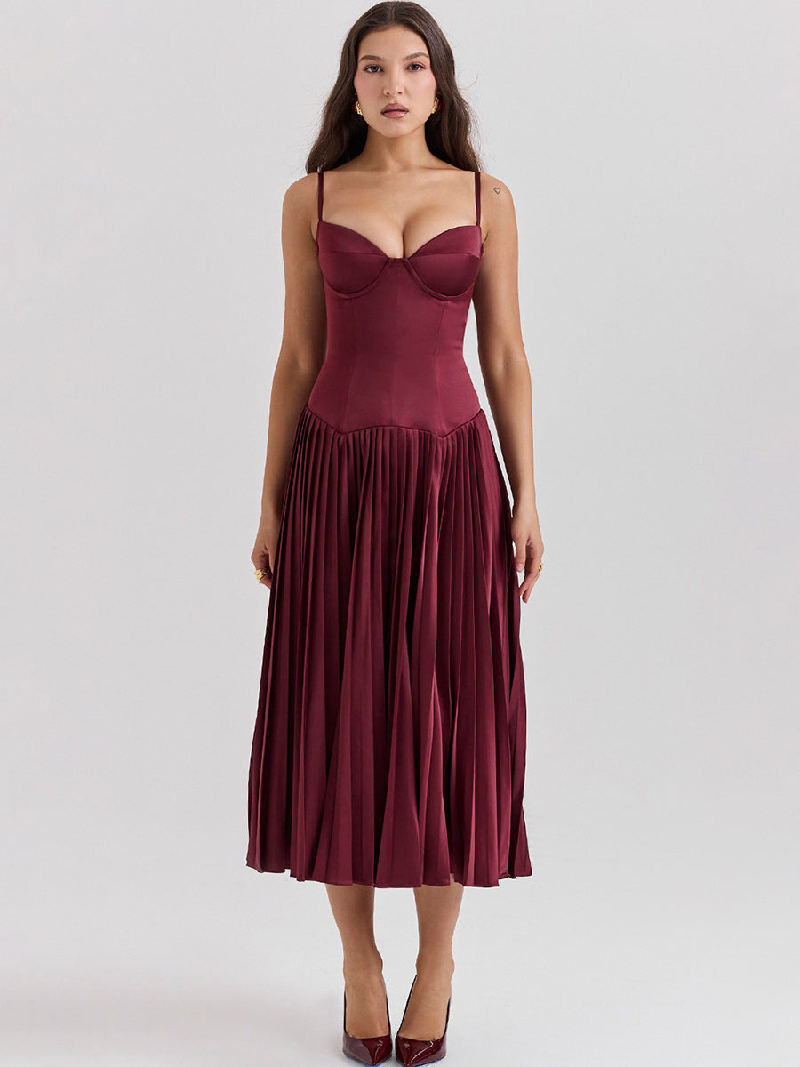 Corset Dress Spaghetti Straps Accordion Pleated Skirt Prom Birthday Party Midi Dresses