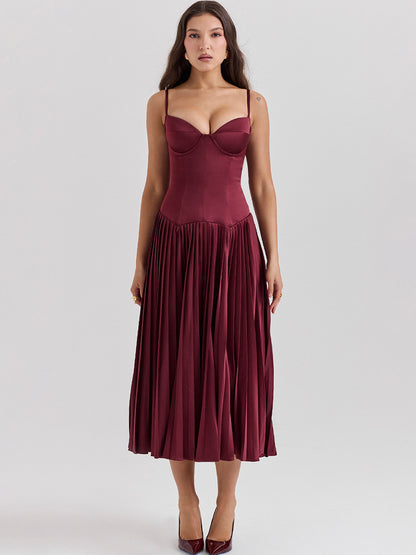 Corset Dress Spaghetti Straps Accordion Pleated Skirt Prom Birthday Party Midi Dresses
