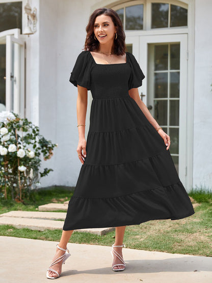 Summer Midi Dress Pink Bateau Neck Pleated Beach Dress