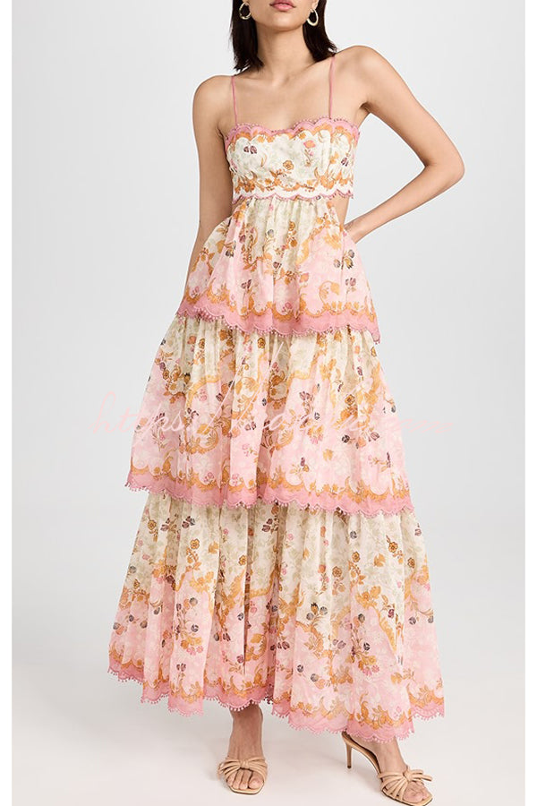 Charming Smile Floral Print Scalloped Lace-trim Back Tie-up Tiered Maxi Dress