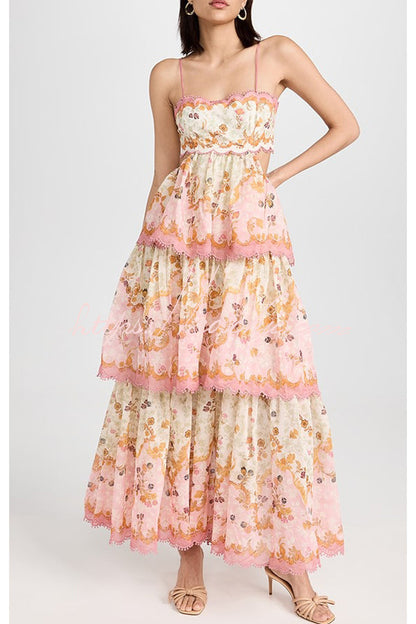 Charming Smile Floral Print Scalloped Lace-trim Back Tie-up Tiered Maxi Dress