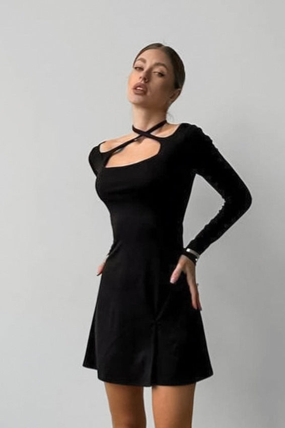 Criss Cross Halter Cutout Long Sleeve Skater Mini Dress