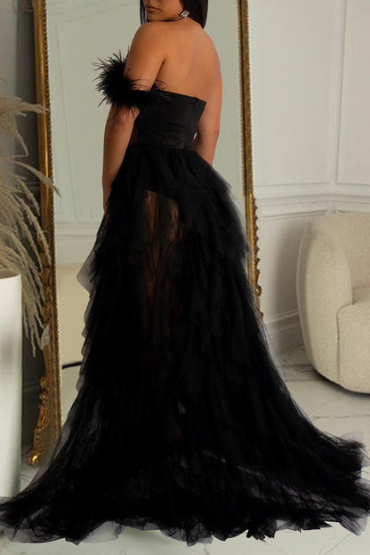 Elegant Solid Color Sleeveless Wrap Mesh Maxi Dress