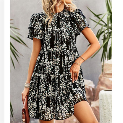 Bohemian Print Mini Dress with Round Neck for Women