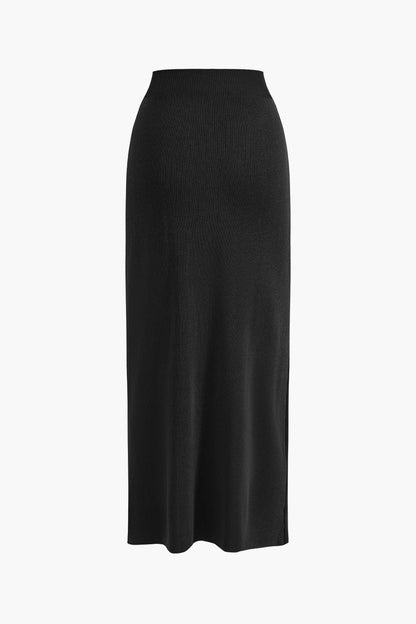 Cropped Button-Up Knit Top And Maxi Skirt Set
