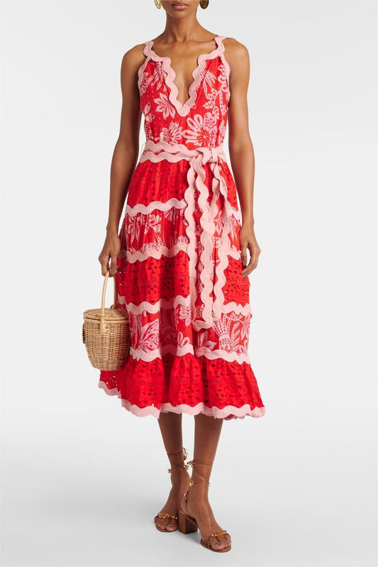 Floral Lace Wavy Line Midi Dress With Belt