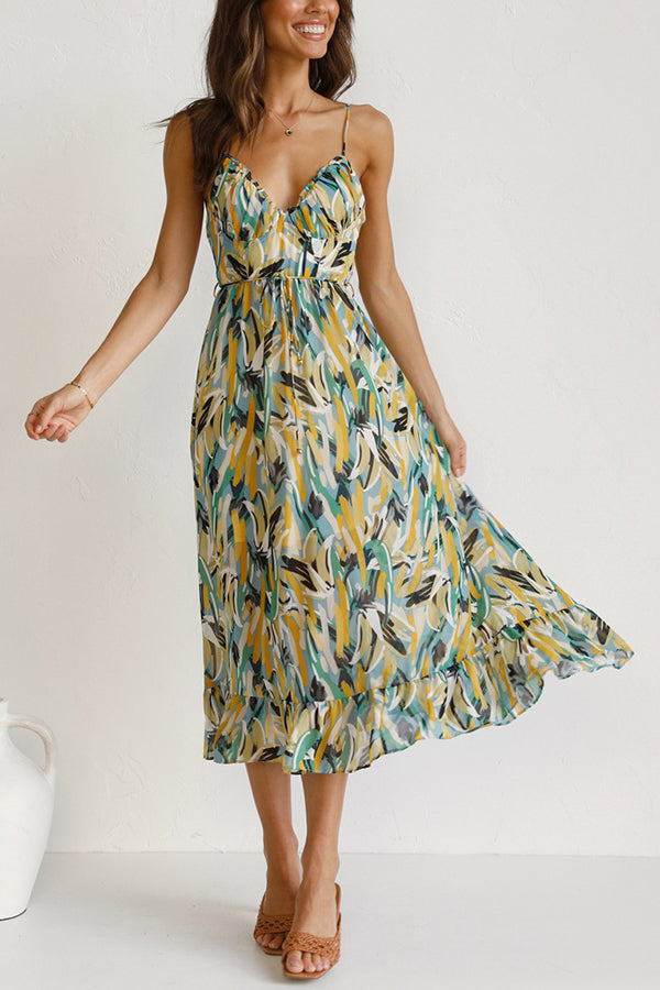 Abstract Brushstroke Print Spaghetti Strap Ruched Cup Tie-Waist Ruffle Hem Midi Dress