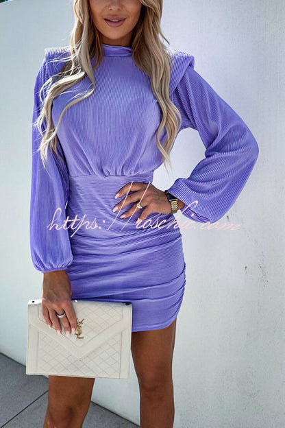 Tolly Padded Shoulder Balloon Sleeve Ruched Ribbed Mini Dress