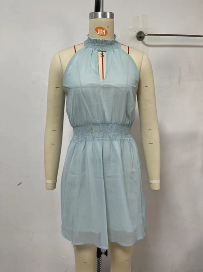 Refreshing Stylish Halter Off-the-Shoulder Tight Waist A- line Short Dress