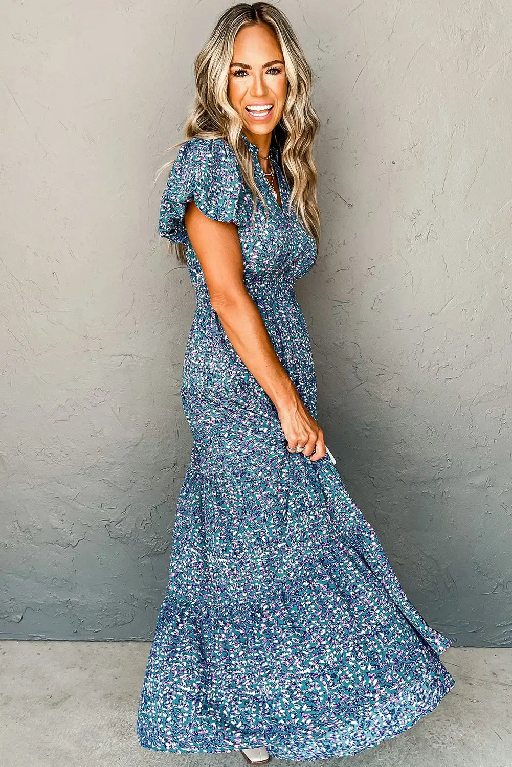 chic blue printed v neck maxi dress