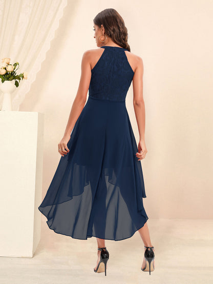 Irregular Dress Chiffon Skirt Lace Bodice High Low Sleeveless Midi Dresses