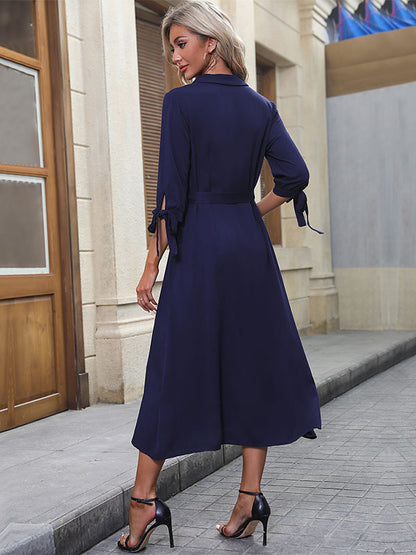 Shirt Dresses Turndown Collar Sash Long Sleeves Midi Dresses