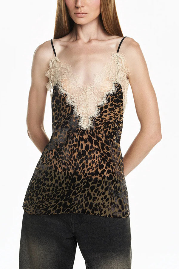 Wild Charm Leopard Print Lace Trim Spaghetti Strap Loose Tank