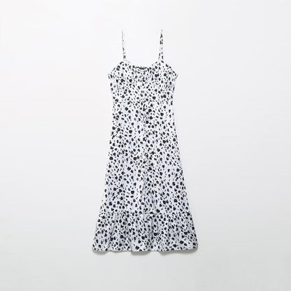 Fall Women Clothing French V Neck Animal Print Midi Dress Cami Dress – Breasted Style