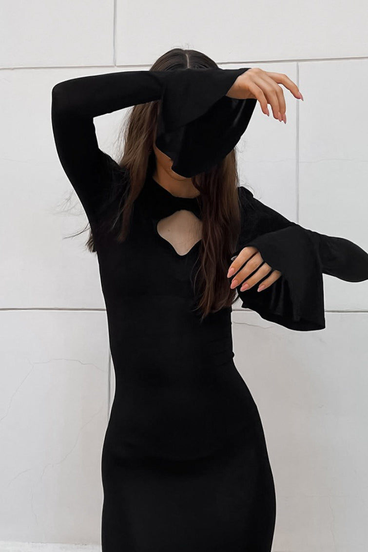 Mock Neck Keyhole Cutout Long Sleeve Flared Cuff Bodycon Maxi Dress