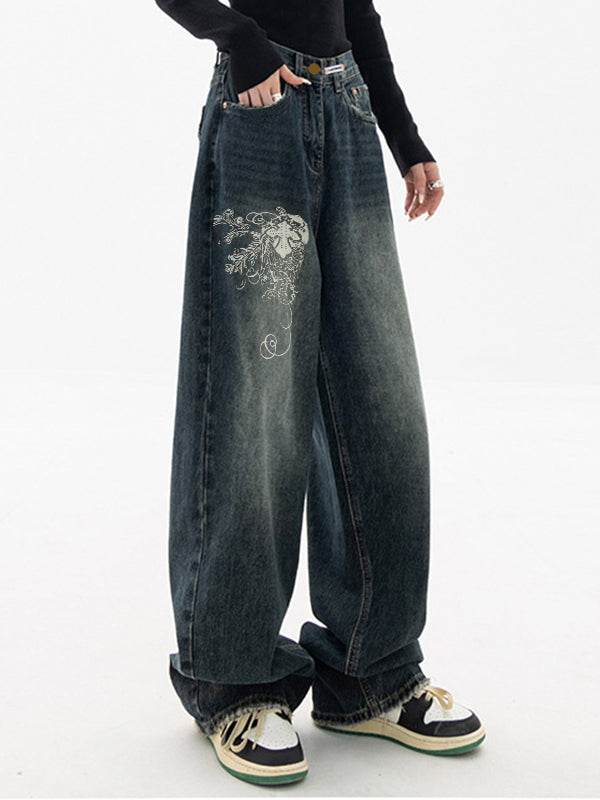 Dark Wash Print Vintage Baggy Boyfriend Jeans