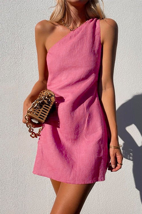 One Shoulder Sleeveless Cotton Linen Mini Dress