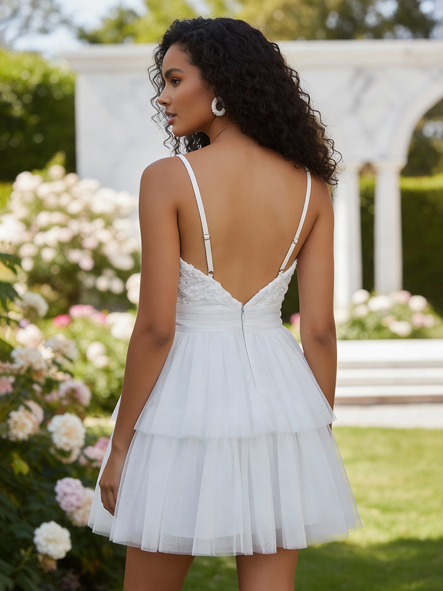 White V-Neck Mini Slip Dress With Flowers For Party 2026