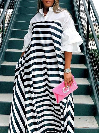Loose Three-Quarter Sleeves Split-Joint Striped Stand Collar Maxi Dresses