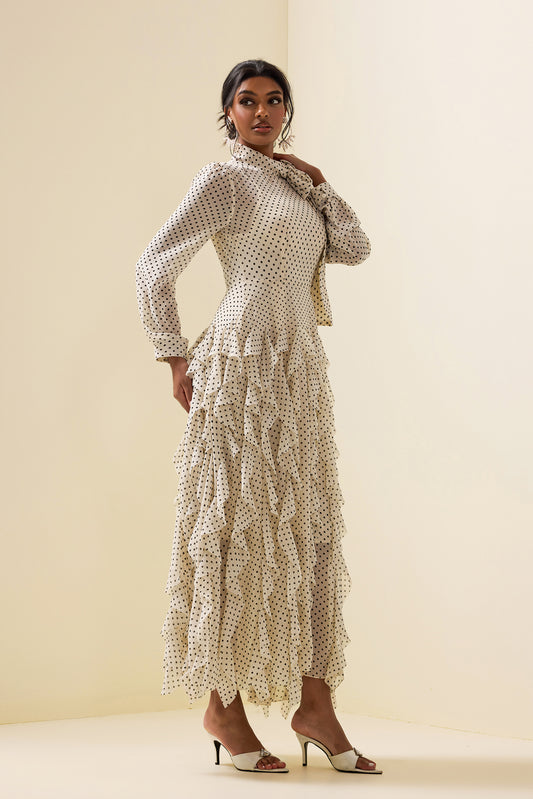 Polka Dot Frill Lace-Up Midi Dress
