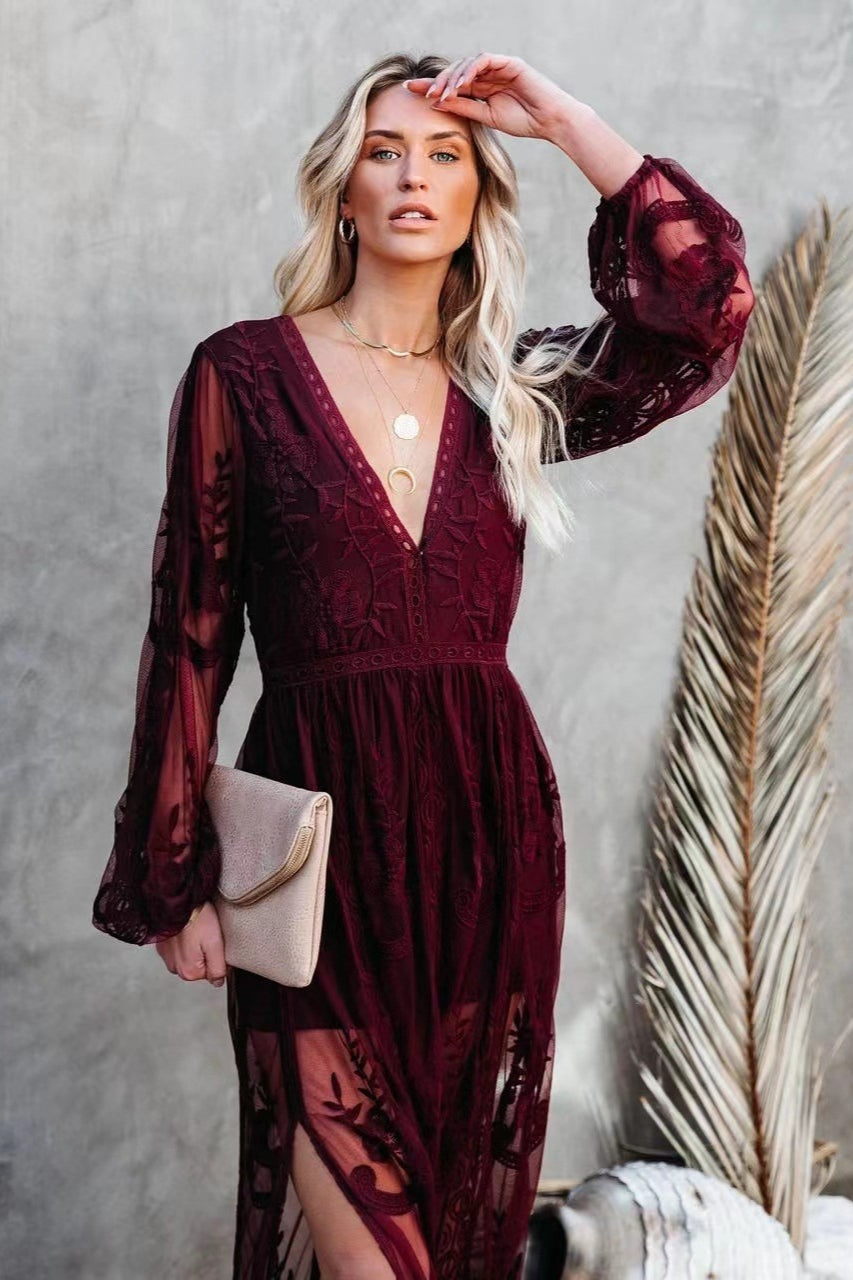 Embroidered Sheer Overlay Plunge V-Neck Bishop Sleeve Slit Maxi Dress