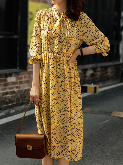 A-Line High Waisted Polka-Dot Tied Mock Neck Midi Dresses