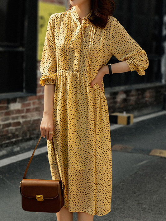 A-Line High Waisted Polka-Dot Tied Mock Neck Midi Dresses