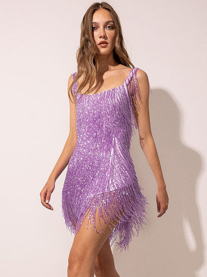 Glitter Party Dress Fringe Open Back Sexy Birthday Party Coachella Mini Dresses