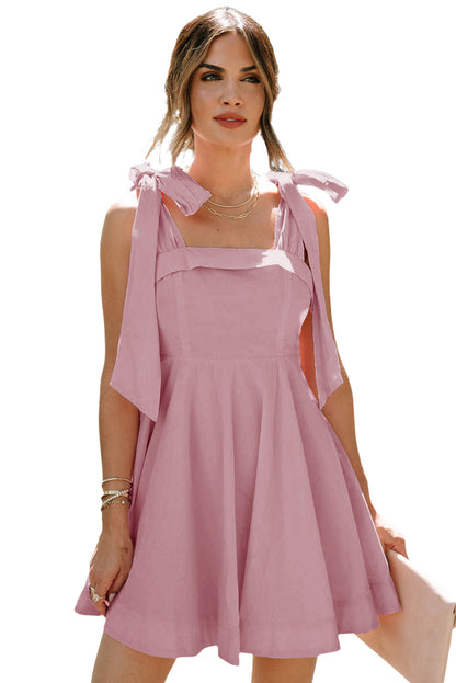 Pink Knotted Strap Square Neck High Waist Mini Dress
